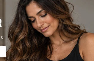 Mulher com cabelos castanhos volumosos